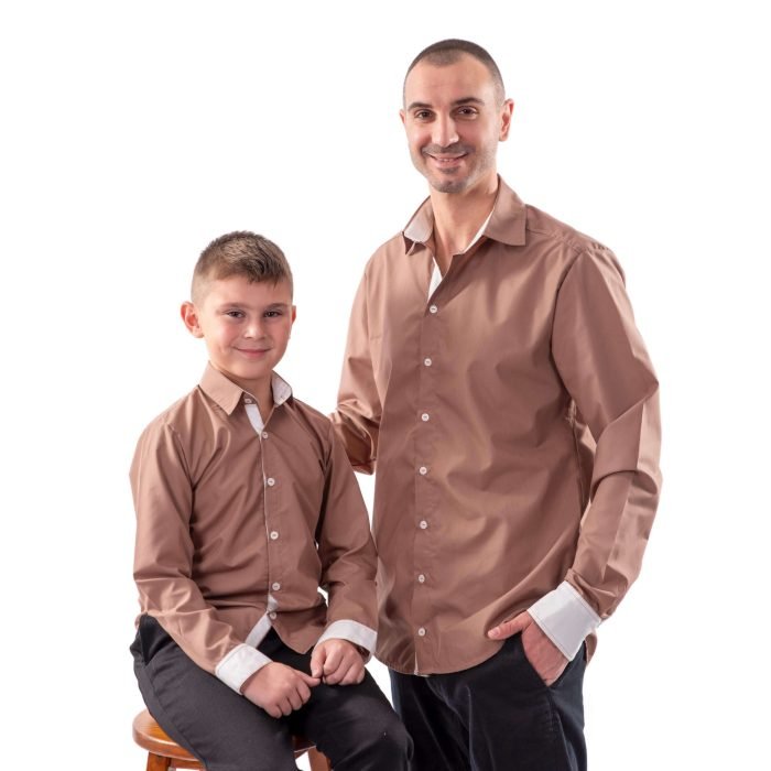 Кафяви Ризи за Баща и Син Блуза с обемен ръкав и риза цвят капучино