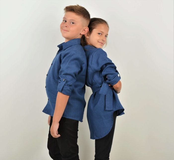 Детска Ленена Риза с регулируем ръкав цвят син