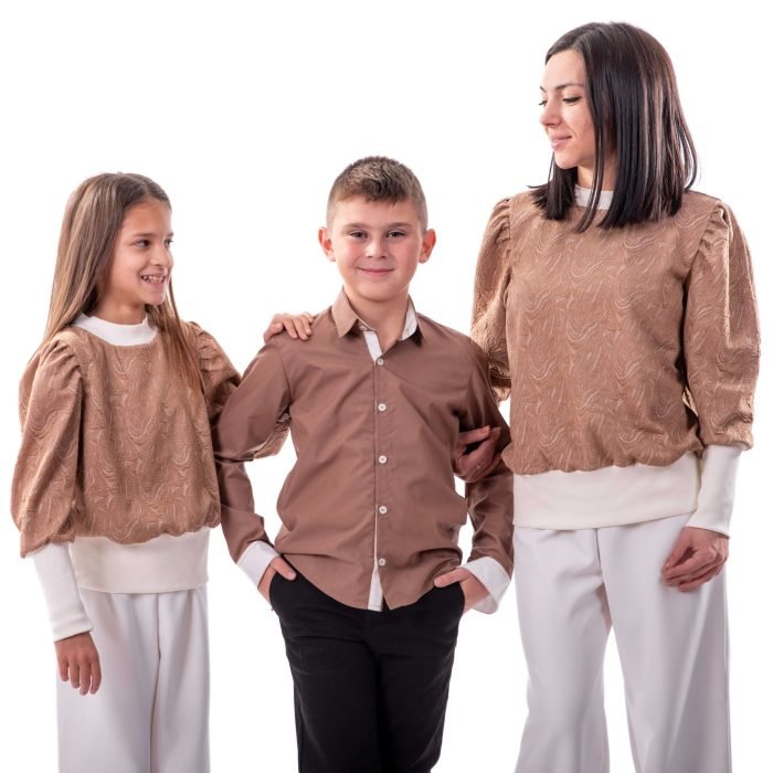 Официални Блузи Майка и Дъщеря Блуза с обемен ръкав и риза цвят капучино