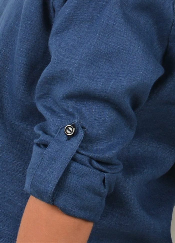Ленени ризи с регулируем ръкав цвят син деним